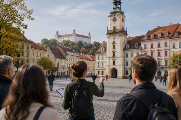 Group of walkers following a guide through an old square