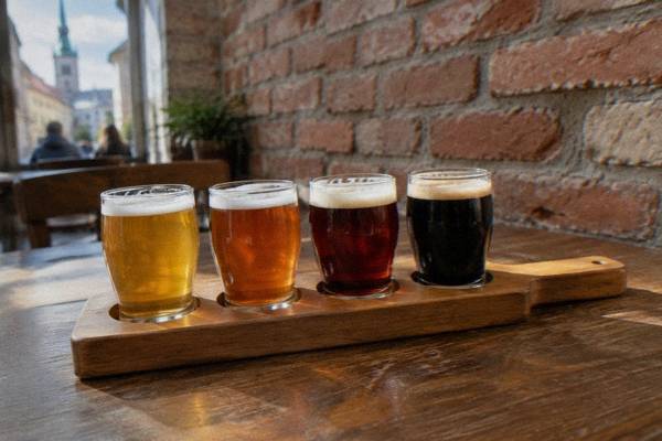 Row of beer glasses on a wooden table