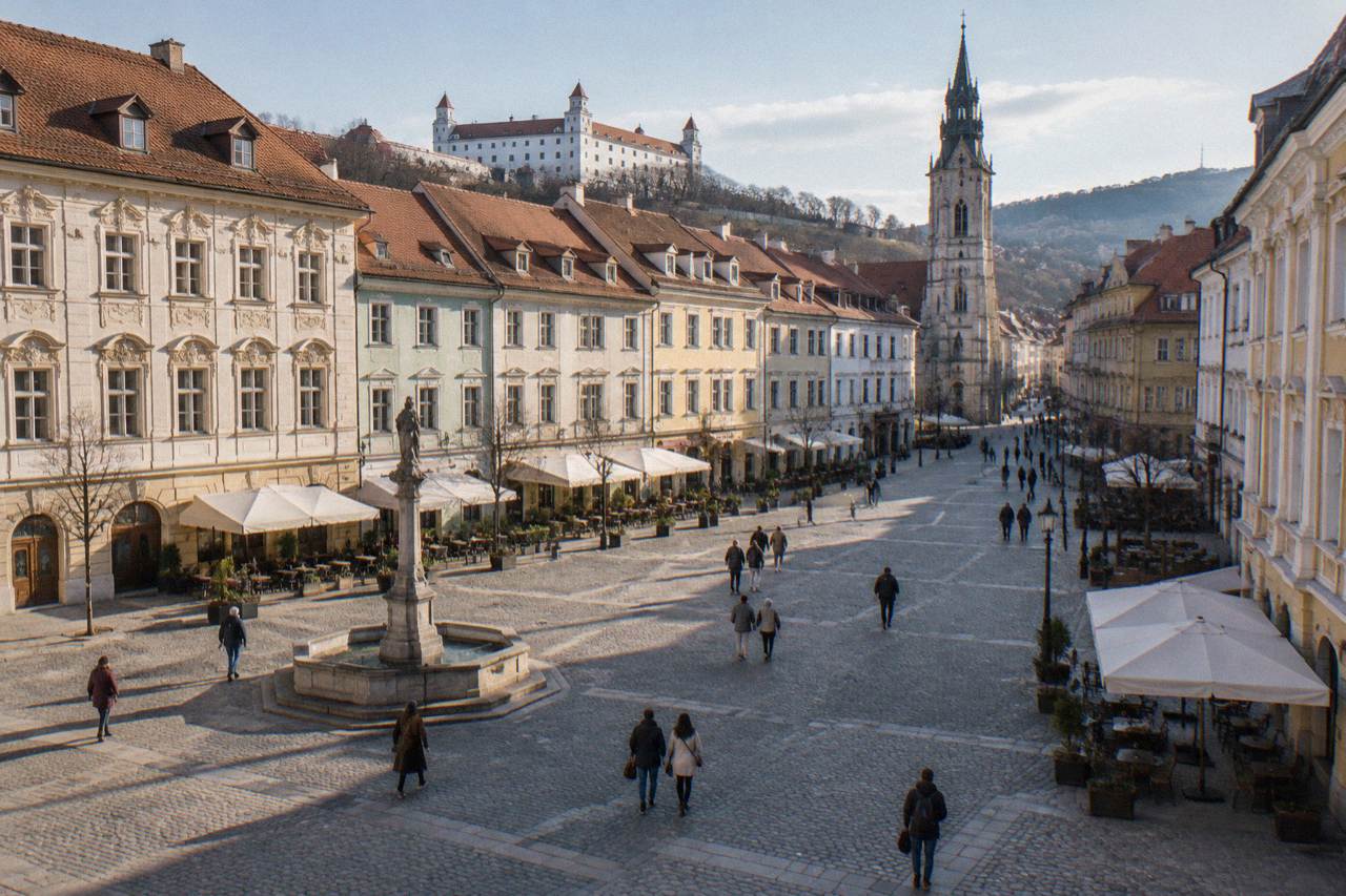 People walking across Hlavné námestie, the main square of Bratislava's Old Town, on a bright afternoon