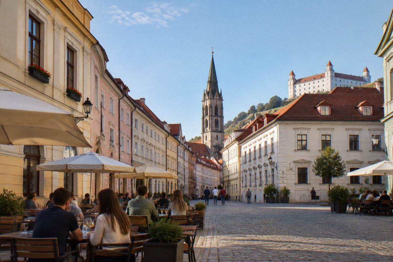 People sitting with drinks at outdoor tables on a cobbled square in Bratislava's Old Town in the evening
