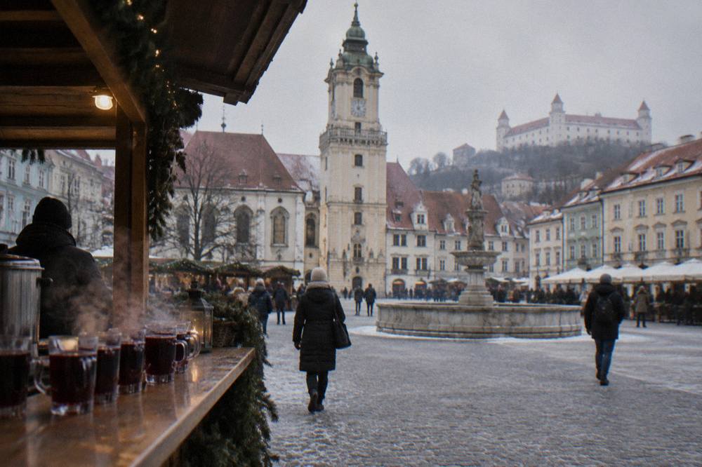 A Christmas market stall on a Bratislava square with cups of mulled wine steaming on the counter