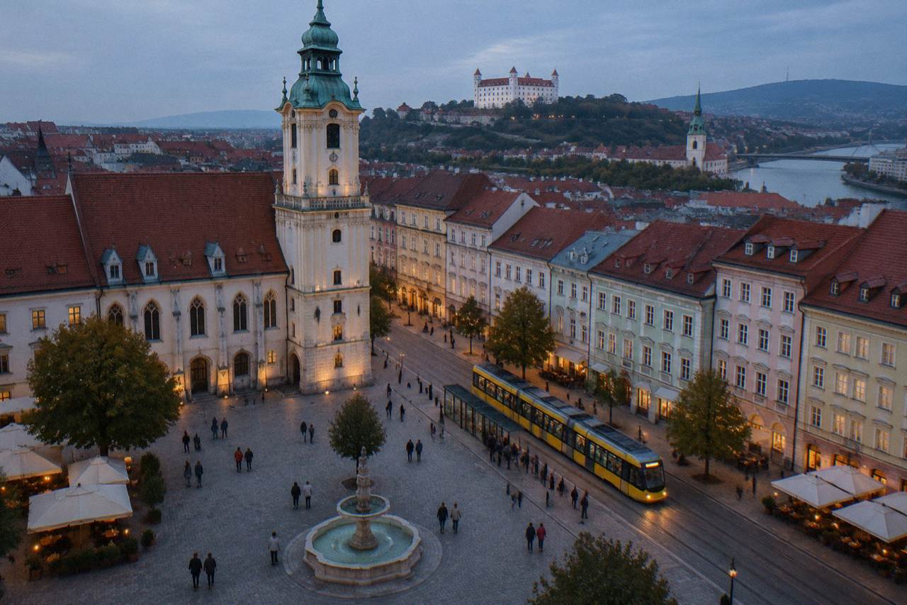 A yellow tram moving along a street in central Bratislava with passengers waiting at the stop