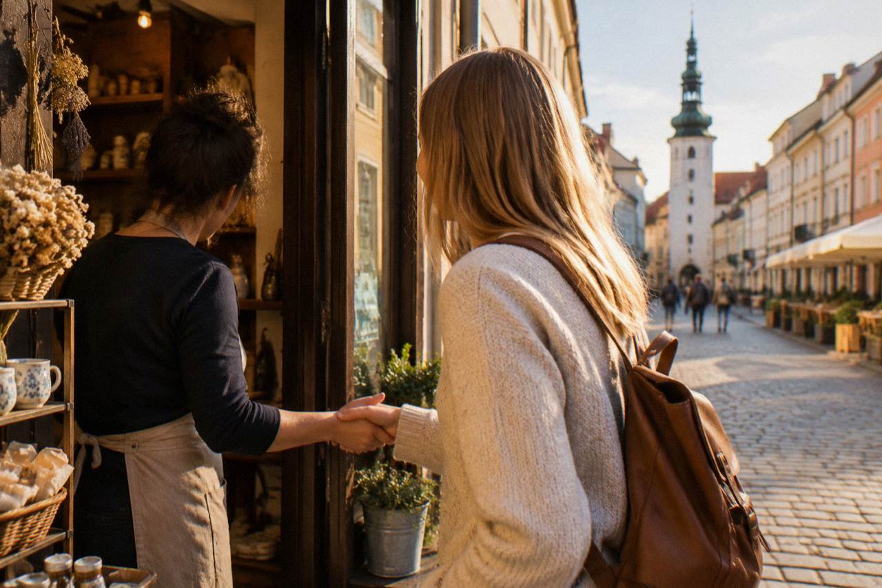 A visitor greeting a shopkeeper at a small store entrance on a Bratislava Old Town street