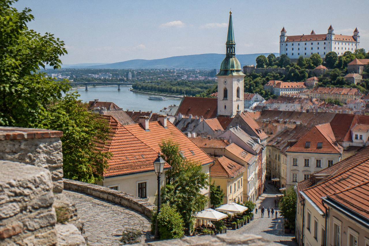 View over Bratislava's Old Town rooftops and the Danube from the castle hill