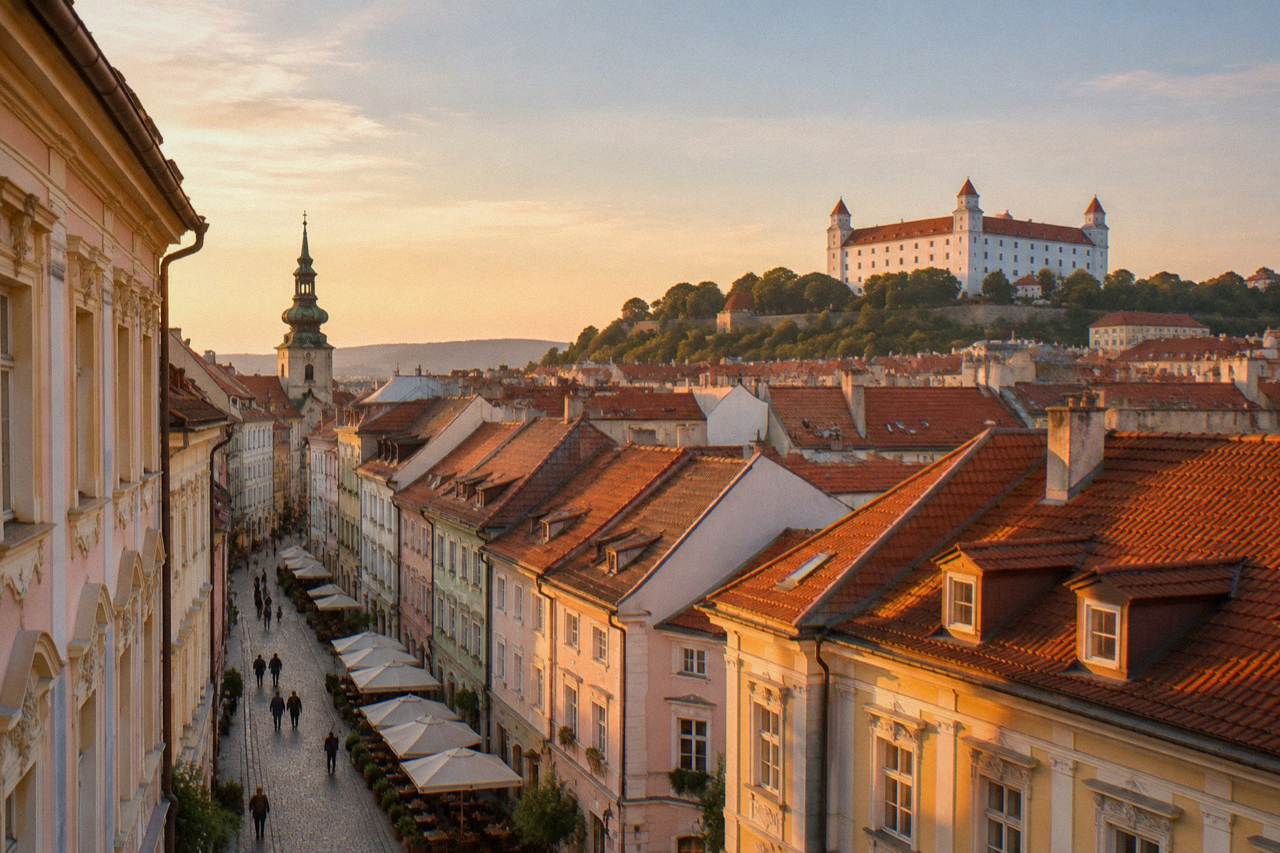 View over the rooftops of Bratislava Old Town with the castle on the hill behind
