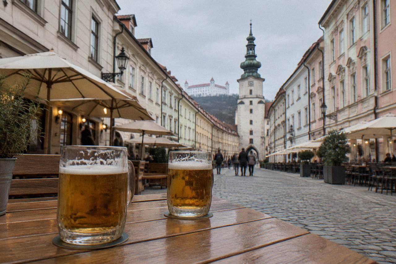 Glasses of draft beer on a wooden pub table in a Bratislava old town bar