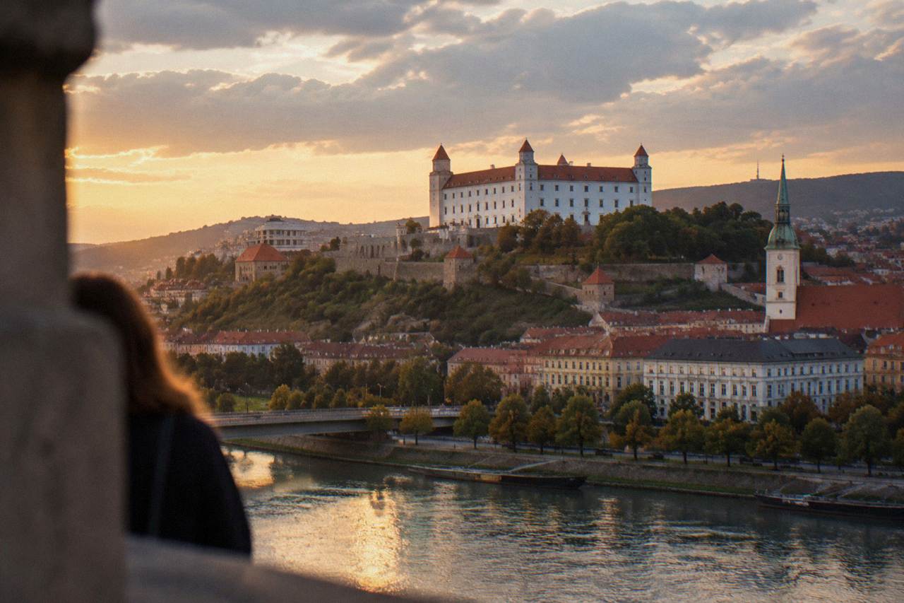 Bratislava Castle on its hill above the Danube at golden hour