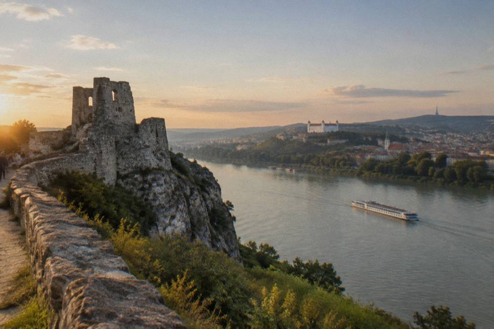 A river cruise boat on the Danube near the Devin Castle cliffs