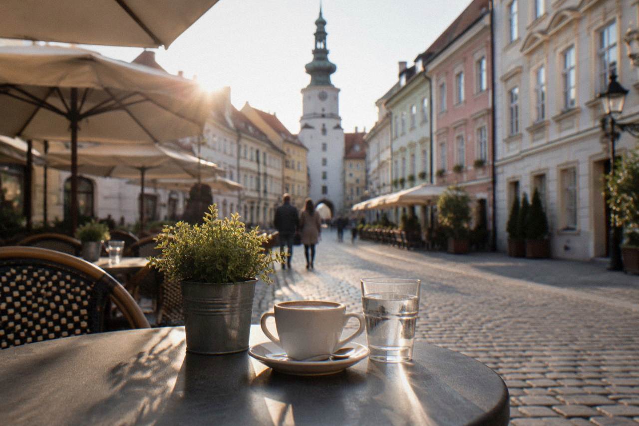 A café terrace on a Bratislava Old Town square with outdoor tables and historic facades
