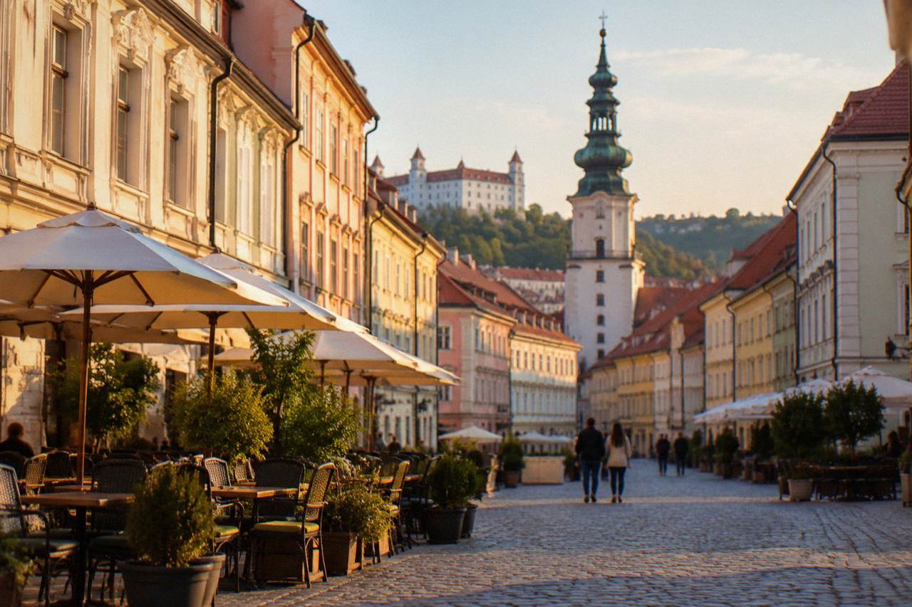 The historic square of Bratislava's Old Town on a bright day, colourful facades and outdoor tables