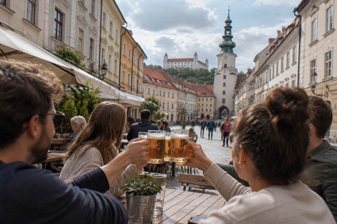 A group of friends raising beer glasses at an outdoor table on a Bratislava Old Town square