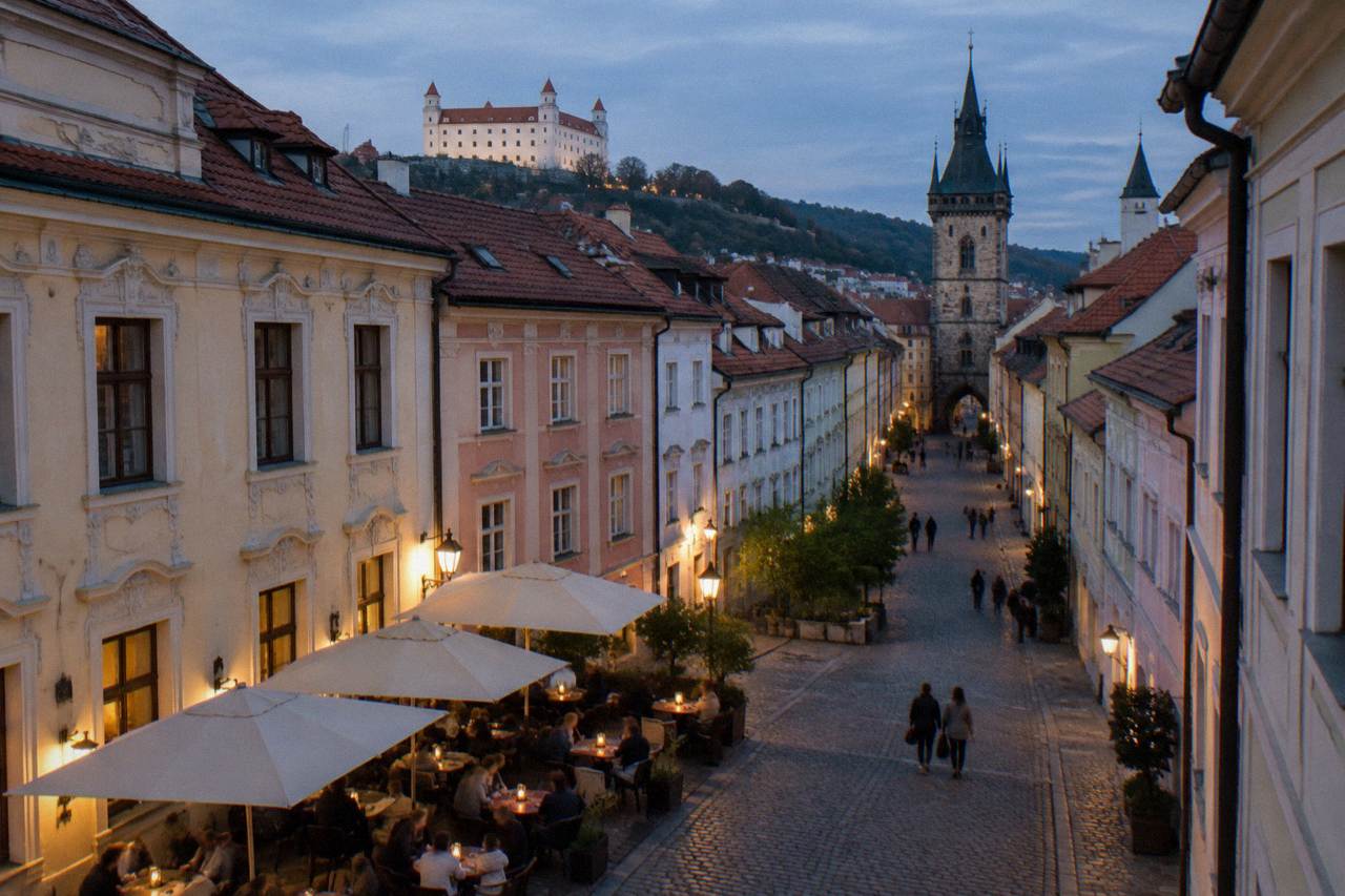 Evening light over a cobbled square in Bratislava Old Town with people sitting outside a bar