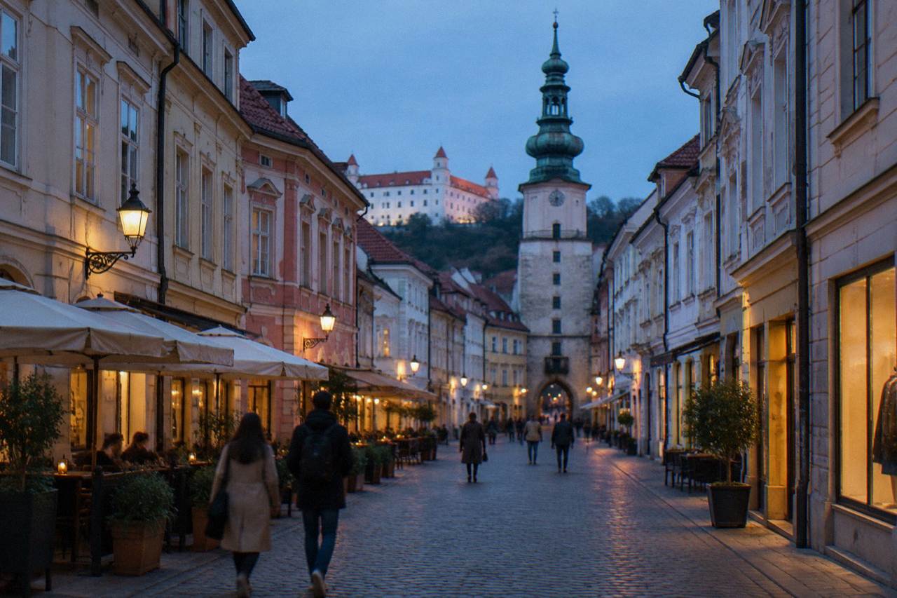 Shoppers walking along a lit shopping street in the Bratislava Old Town in the early evening