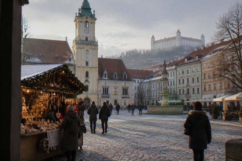 A Christmas market stall with handmade crafts and warm lights on a Bratislava square