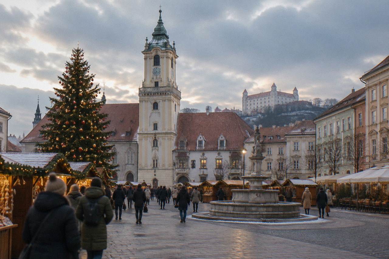 Christmas market stalls and a decorated tree on a Bratislava square in the early evening