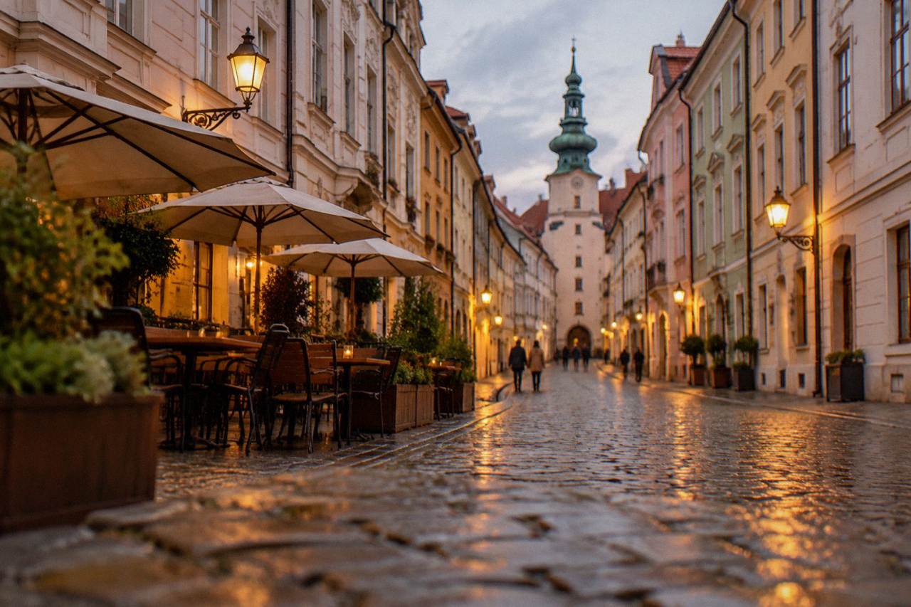 A quiet Old Town street in Bratislava lit by warm street lamps in the evening