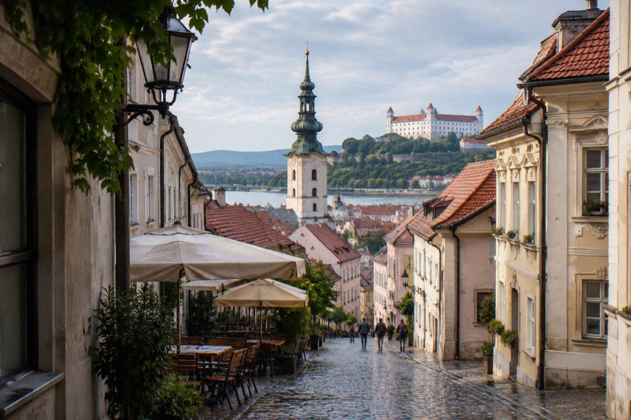 View over Bratislava old town rooftles towards the Danube and castle hill