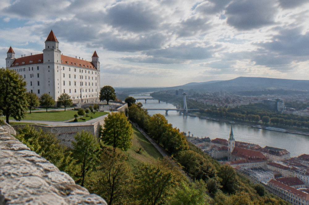 View over the Danube river and bridges from a Bratislava castle hillside