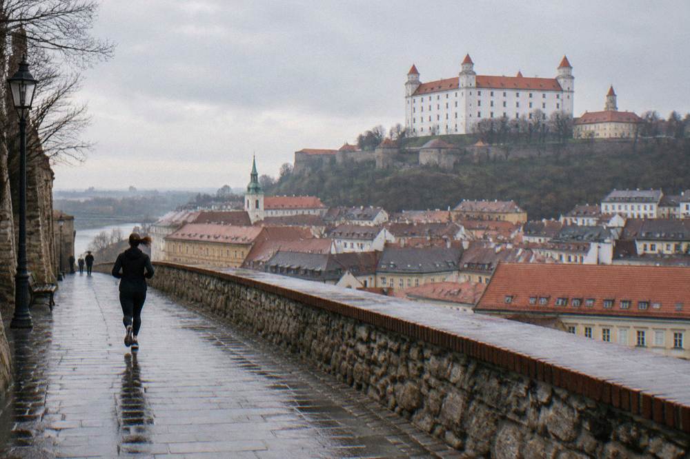 Old Town rooftops and Bratislava Castle on the hill above the city