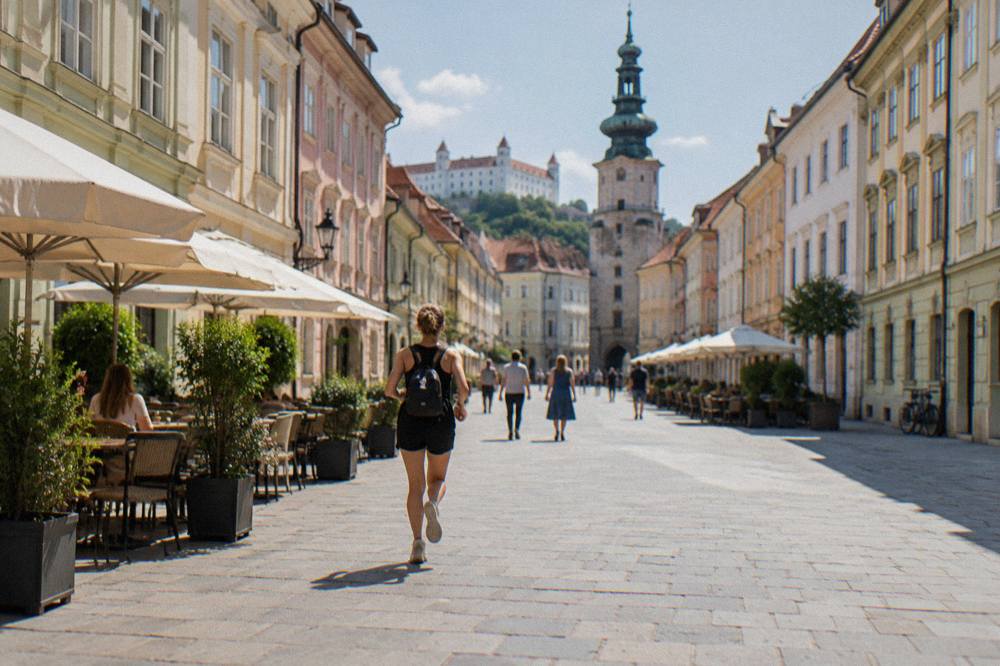 People walking across Hlavné námestie, the main square of Bratislava's Old Town