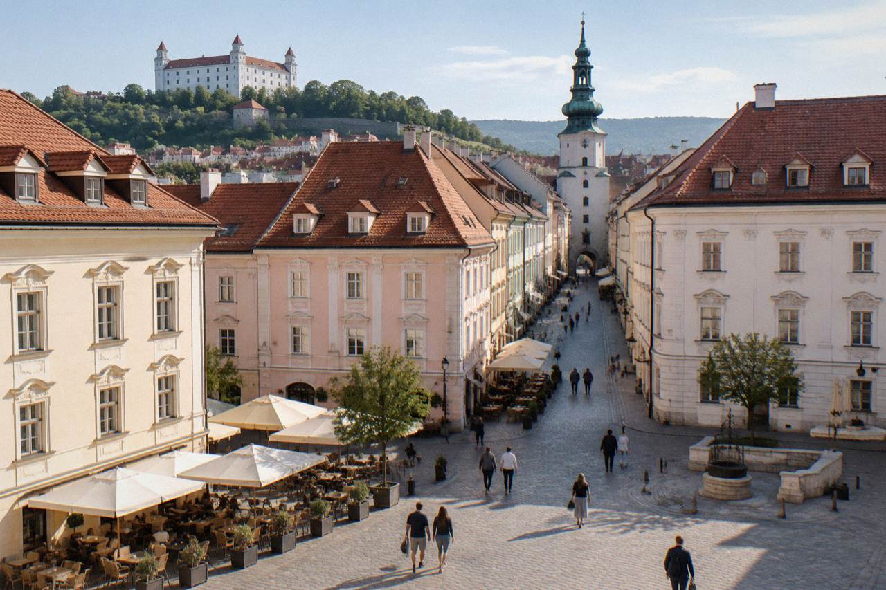 Visitors walking across a square in Bratislava's Old Town on a bright morning