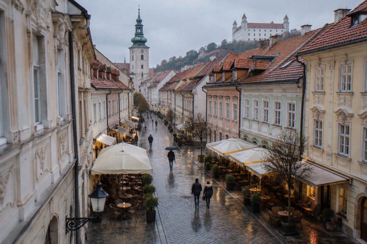 Pedestrian street in Bratislava Old Town with outdoor cafe tables and historic facades