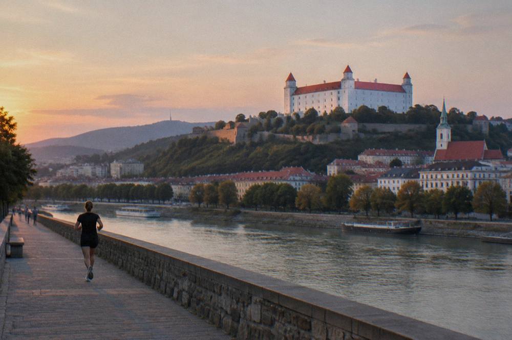 Bratislava Castle on its hill above the Danube riverbank at dusk