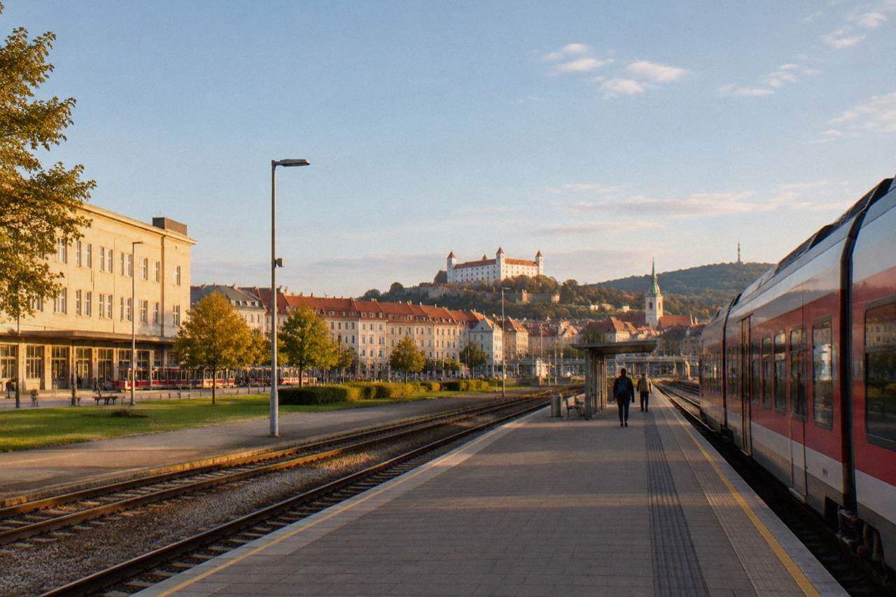 A regional train standing at a station platform beside open tracks on a clear day