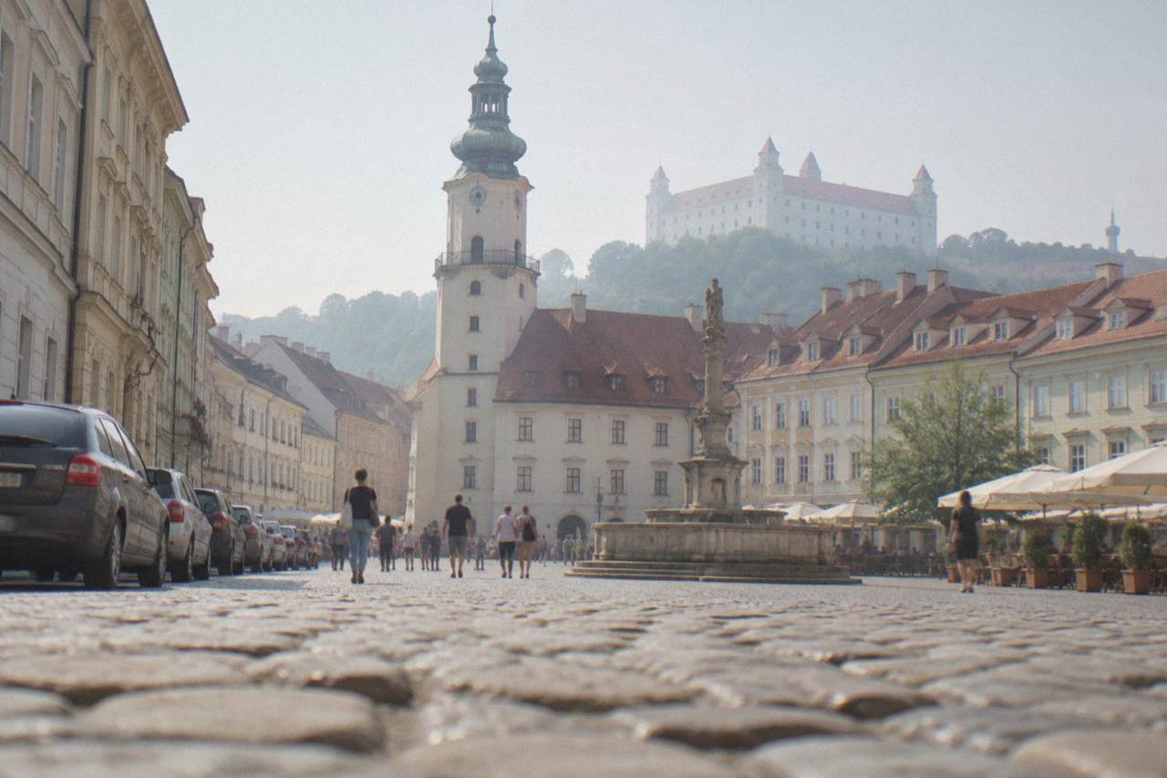 A street in central Bratislava with cars parked along the kerb and pedestrians crossing
