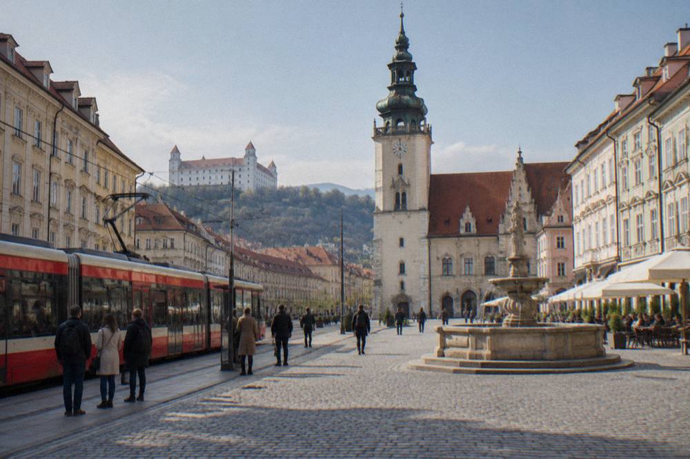 A tram moving along a street in Bratislava with passengers waiting at a stop