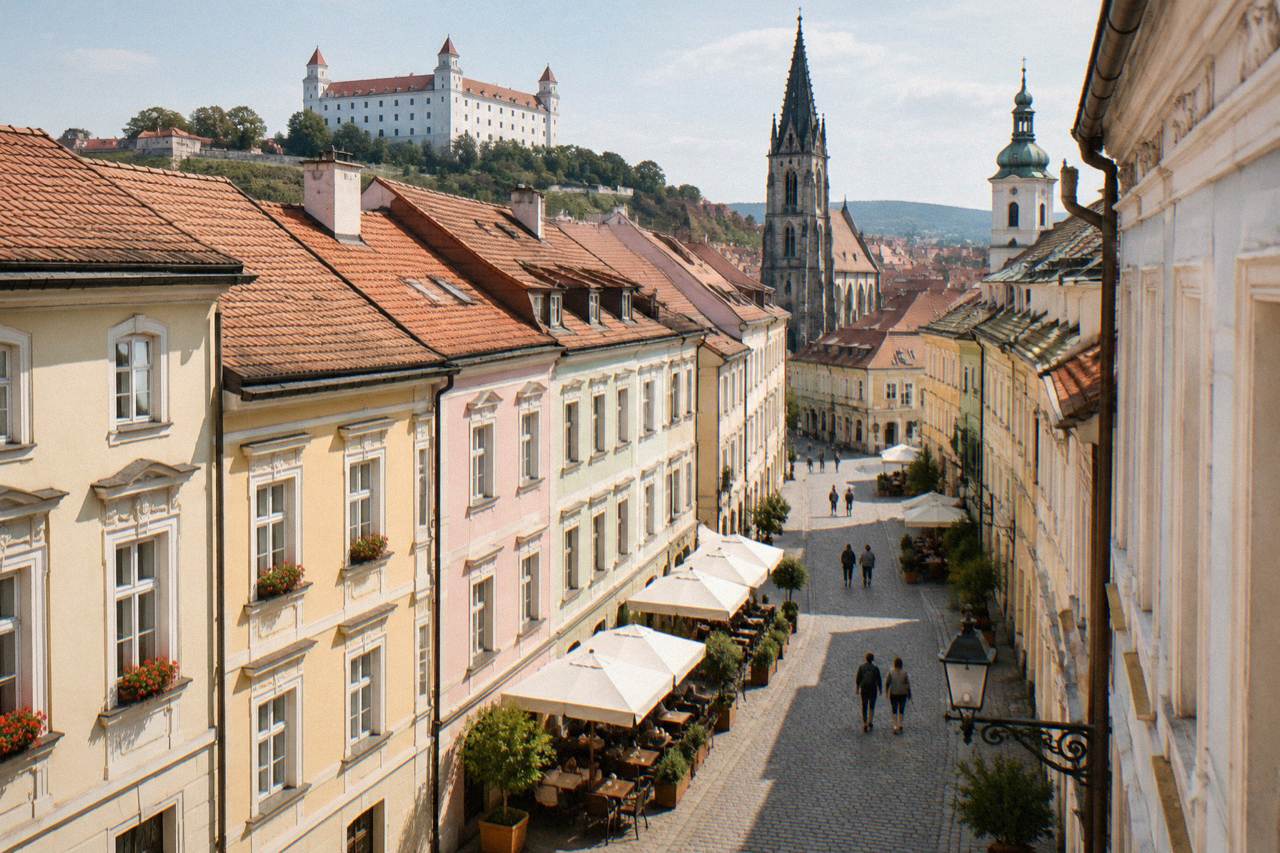 Historic burgher houses on a Bratislava Old Town square with pastel facades and a church tower in the background