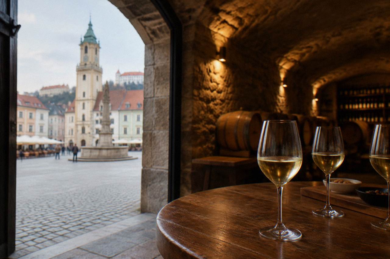 Glasses of white wine on a wooden tasting table in a Bratislava cellar
