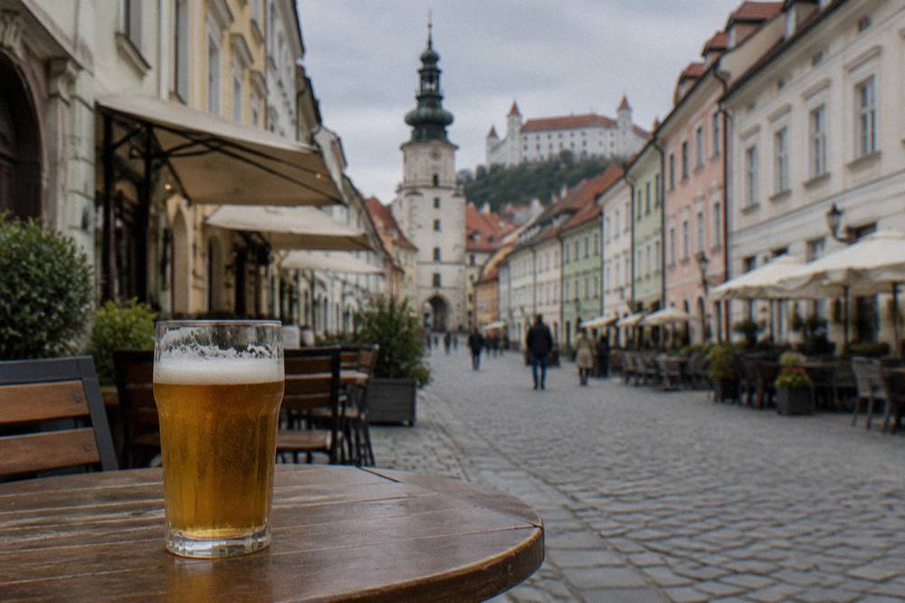 A draft lager standing on a pub table in Bratislava's Old Town