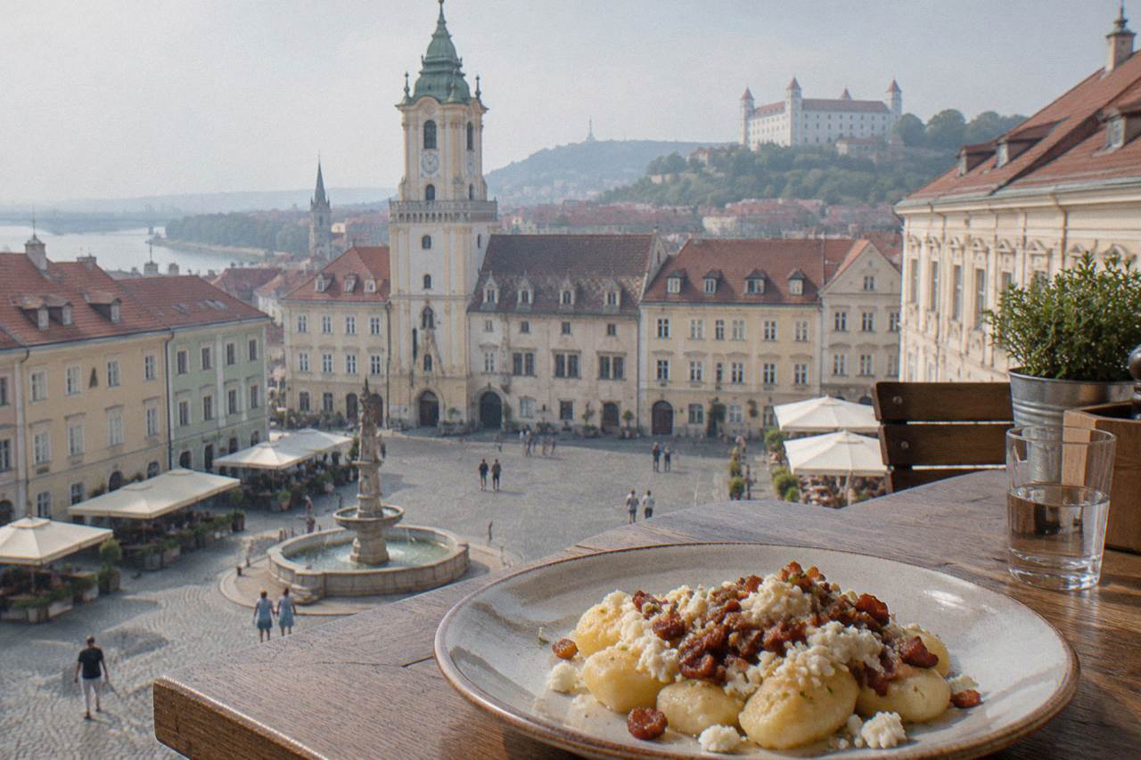 A rustic plate of potato dumplings with sheep cheese and bacon on a wooden table in a Bratislava restaurant