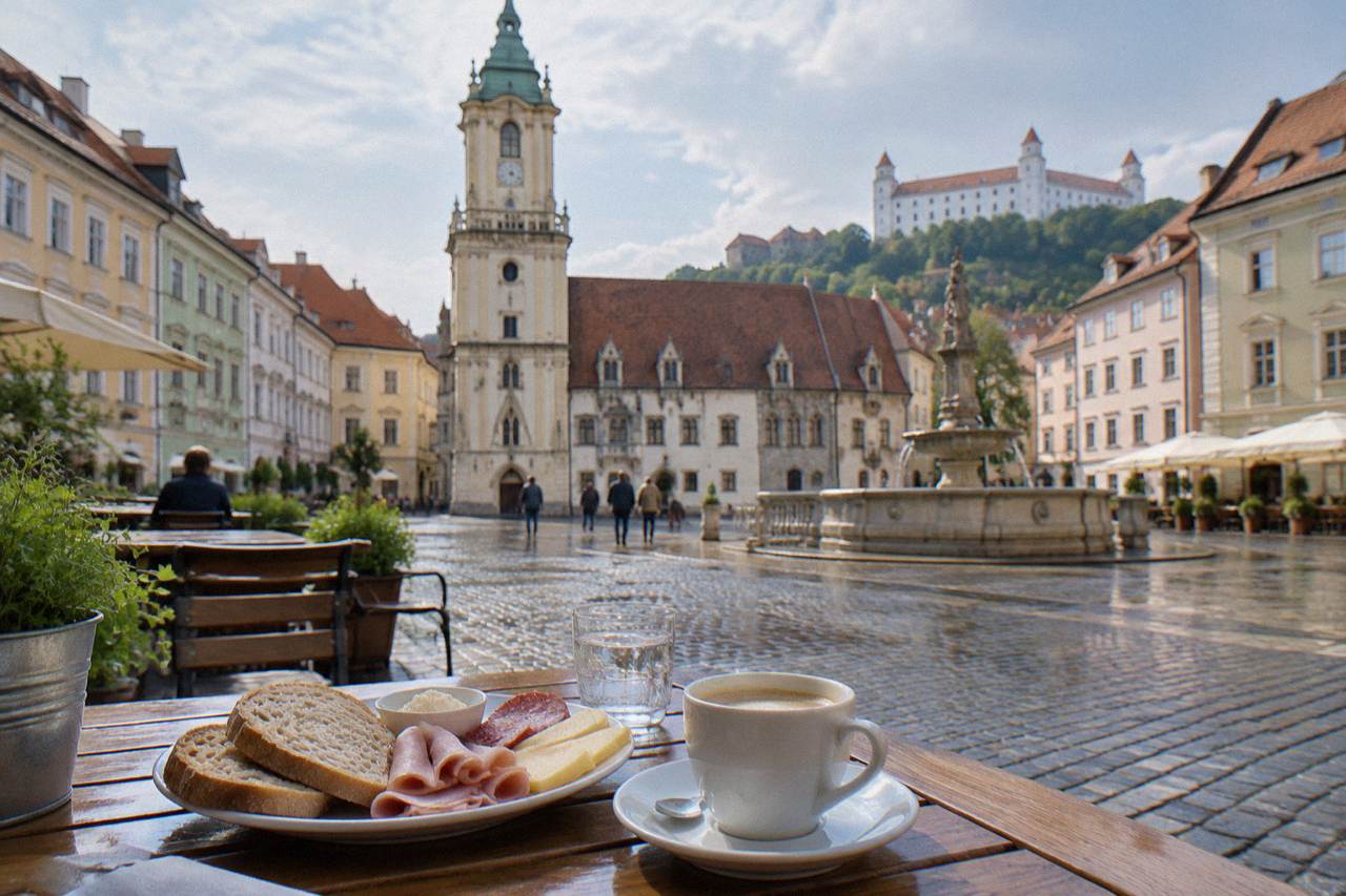 A breakfast table in Bratislava with sliced bread, cheese, cold cuts and a cup of coffee