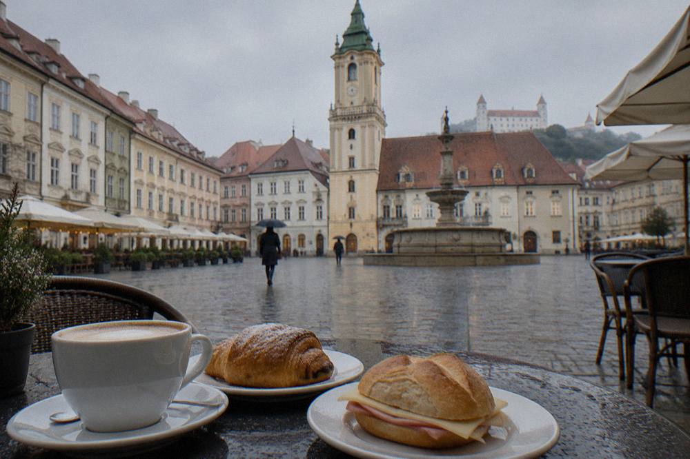 A Bratislava café table with coffee, a pastry and a roll with cheese and ham