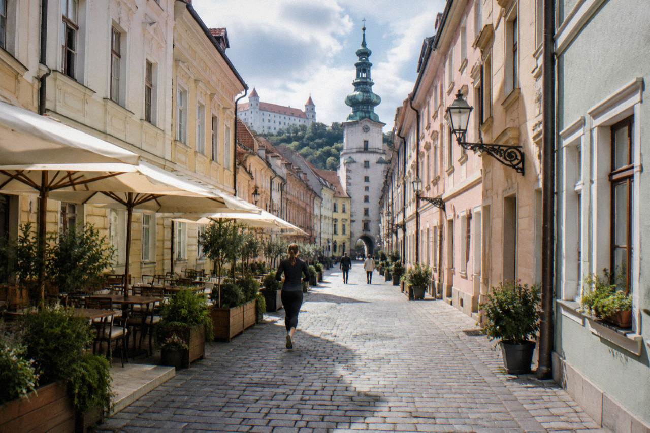 A quiet street of coloured townhouses in Bratislava's Old Town on a bright morning