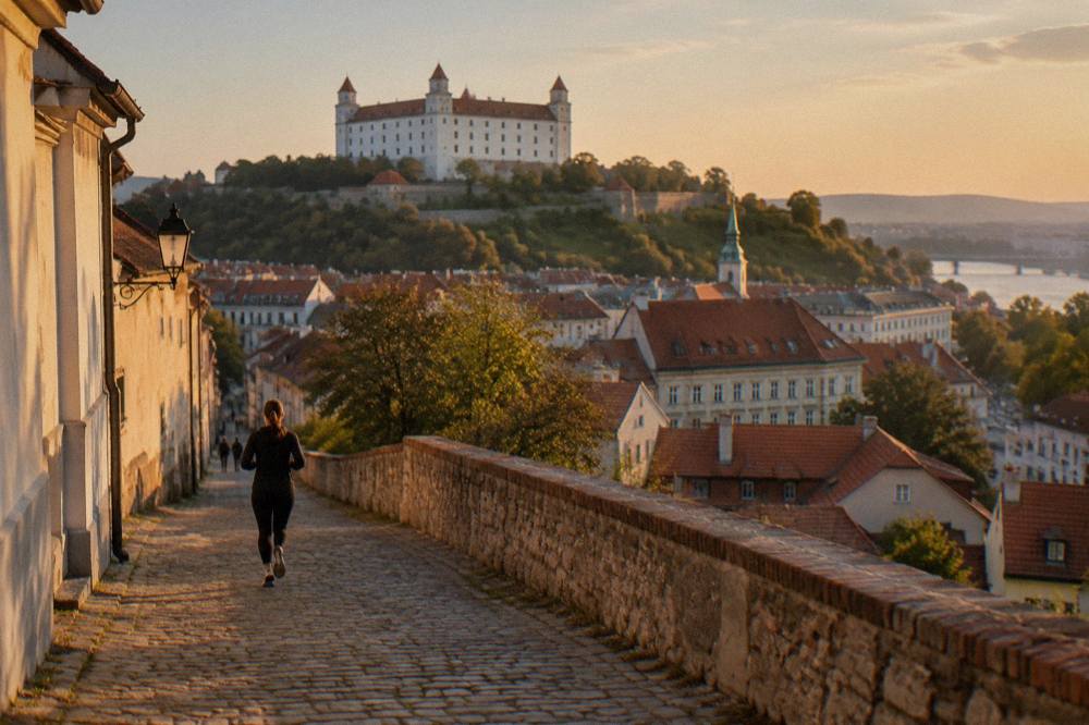 Bratislava Castle seen from the hillside streets below it in late afternoon light