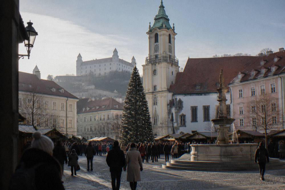 Crowds and market stalls on a Bratislava square in late afternoon light, with a decorated tree at the centre.