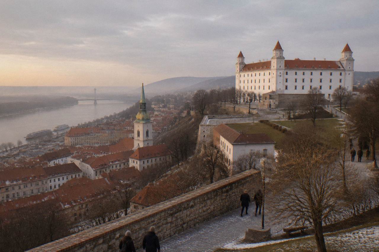 Bratislava Castle on a hill above the Danube under a grey winter sky