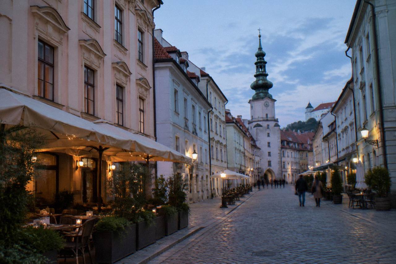 Pastel historic facades lining a cobbled square in Bratislava's Old Town