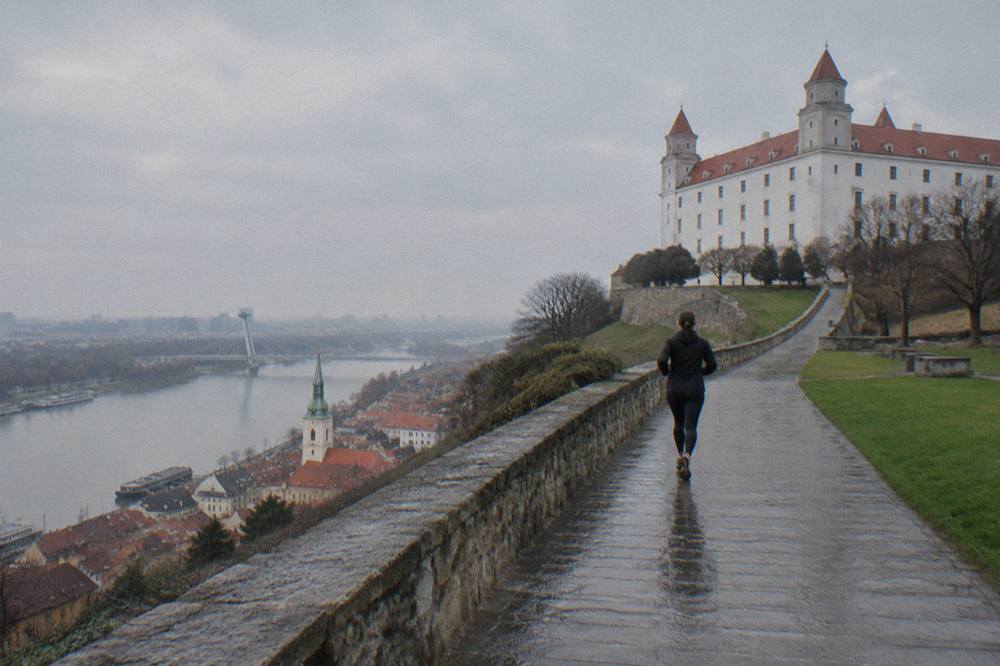 Bratislava Castle standing above the Danube river and city rooftops