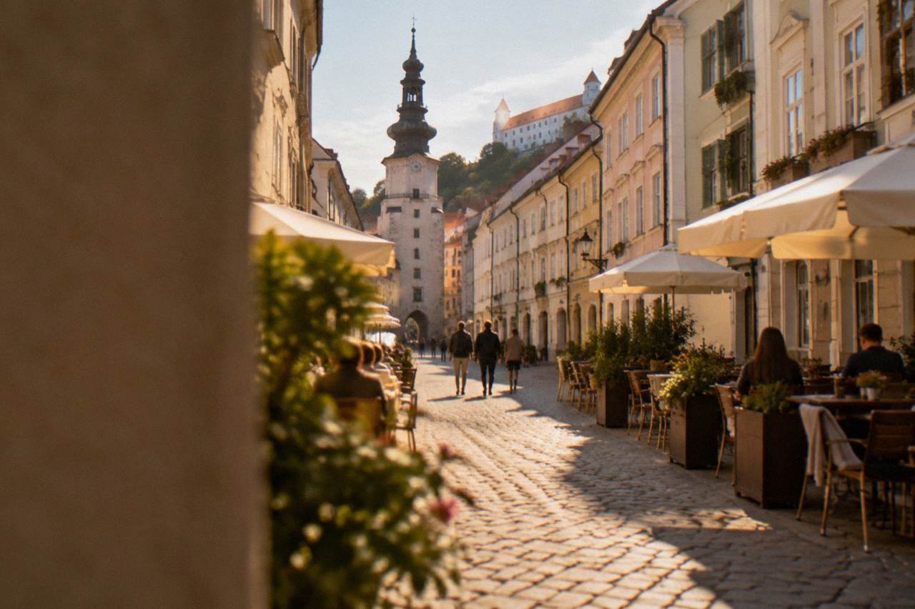 The pastel facades and cafés of a pedestrian square in the Bratislava Old Town on a bright afternoon
