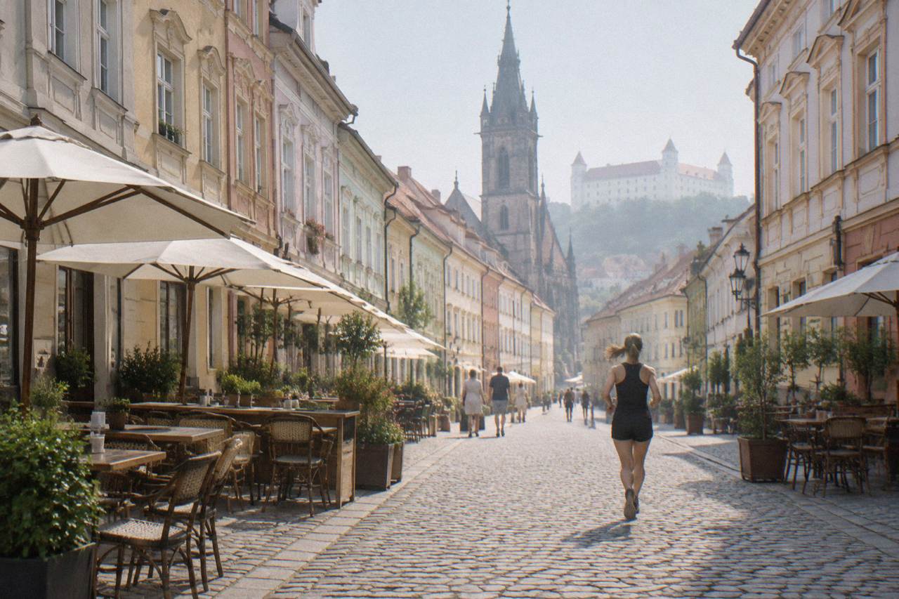 Pedestrian street in Bratislava's Old Town with pastel facades and outdoor cafe tables