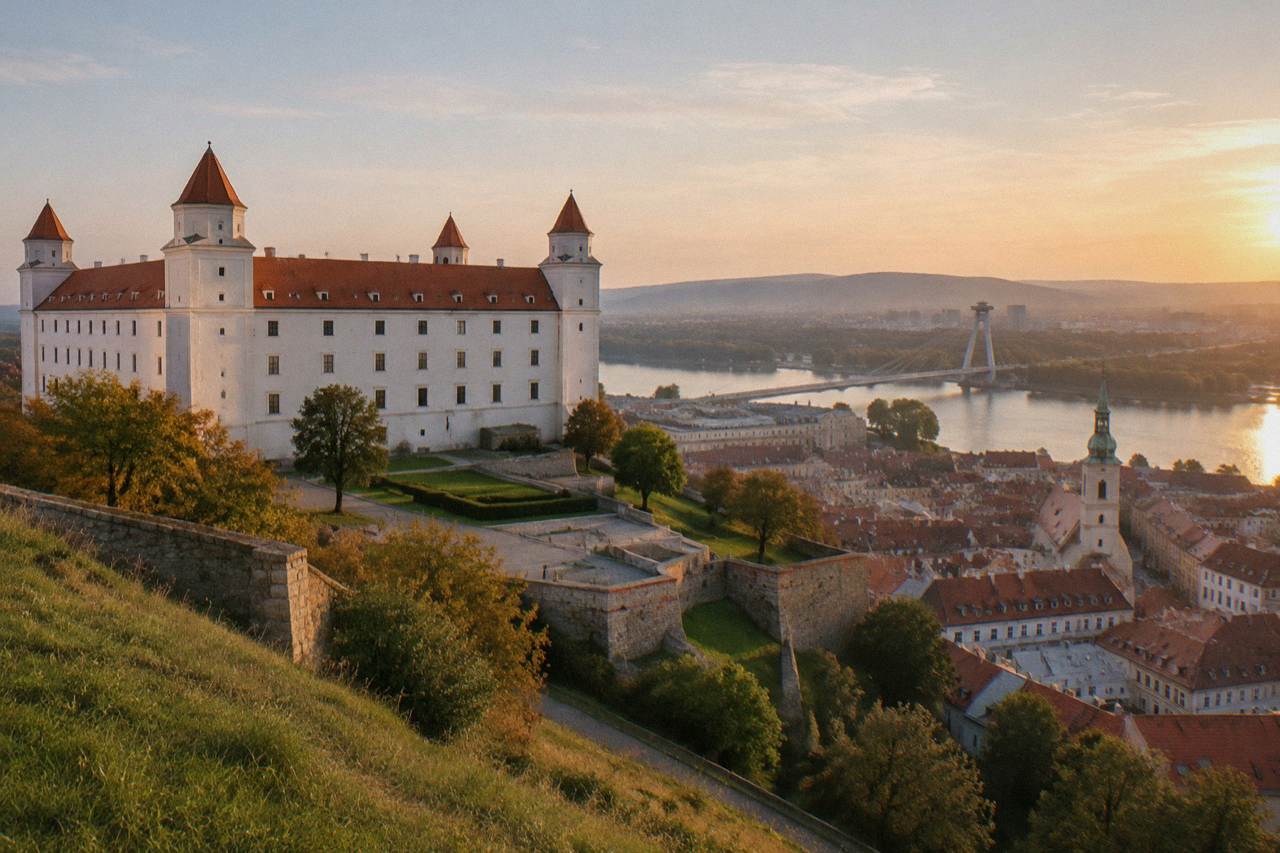 View over Bratislava Castle and the Old Town rooftops with the Danube river and bridge behind them