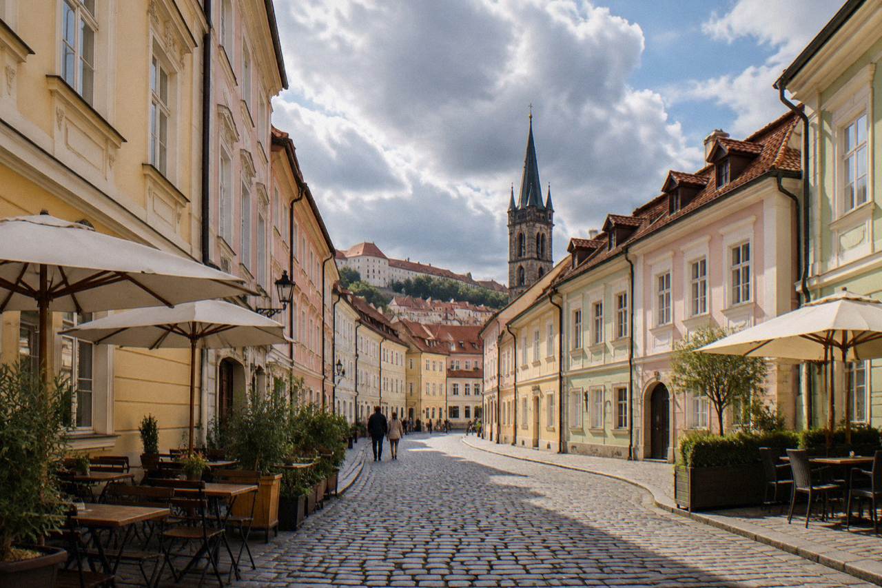A quiet side street in the Bratislava Old Town with pastel facades and a church tower behind the rooftops