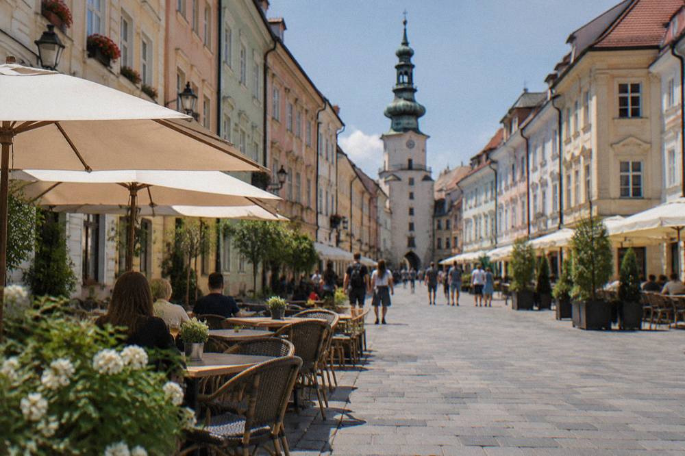 The pedestrian Main Square in Bratislava's Old Town lined with coloured townhouses and cafe tables