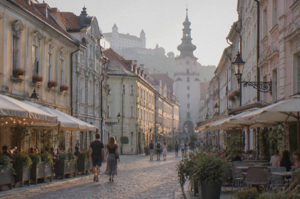 People walking through a decorated square of the Bratislava Old Town in the evening