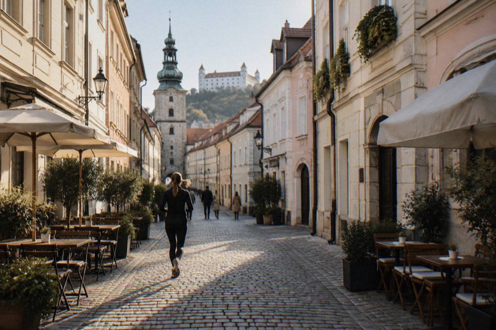 A narrow cobbled street in the Bratislava Old Town with cafe tables