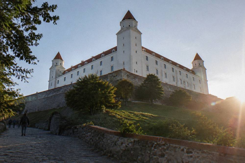 Bratislava Castle seen from below the hill with its walls and towers